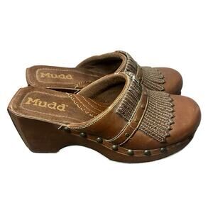90s Y2K Vintage Mudd‎ Chunky Platform Mule Clogs 7.5 Faux Leather Fringe Studded